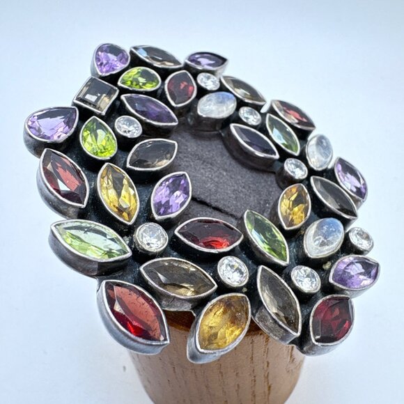 VTG Solid Sterling Silver 925 Multi-Gemstone Circle Brooch Size 1.25" Length - Picture 6 of 13